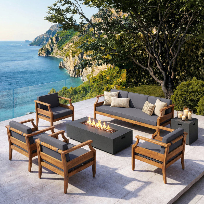 Mcclurg Mid-Century Modern Acacia Wood Outdoor Conversation Set With Water-Repellent Cushions, Dark Gray, Gray
