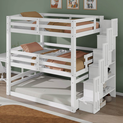 Full Size Triple Bunk Bed Frame With Storage Staircase And Full-Length Guardrails, Bedroom Separate Design 3 Bed In1, Slat Support