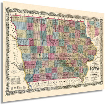 " Vintage 1856 Iowa State Map Poster "