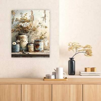 Beige Vintage Farmhouse Floral Canvas Print,Premium Wall Art for Living Room Bedroom,32 x 24 Inch