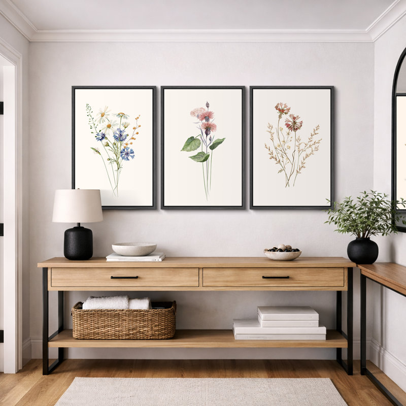 "Minimal Botanical" Pastel Wild Flower Daisy Variétés, H 24 po x l 48 po, Cadre flottant noir