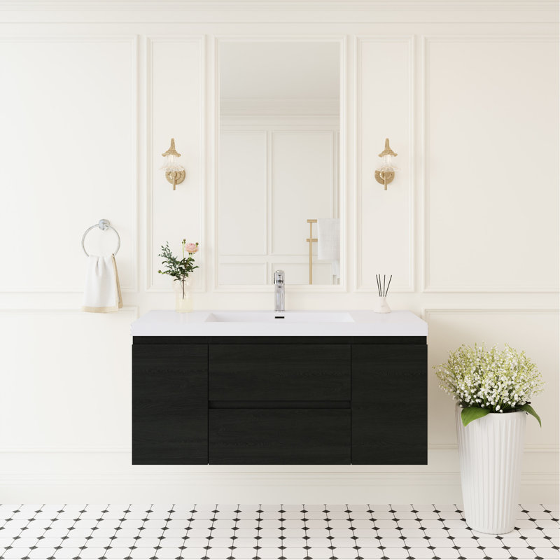 Meuble-lavabo 48 po avec lavabo mural, tiroirs à fermeture en douceur, bois, comptoir en résine, installation rapide