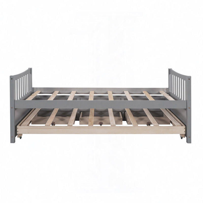 Ajavian Three Drawers Wooden Daybed with Trundle, Gray, Twin