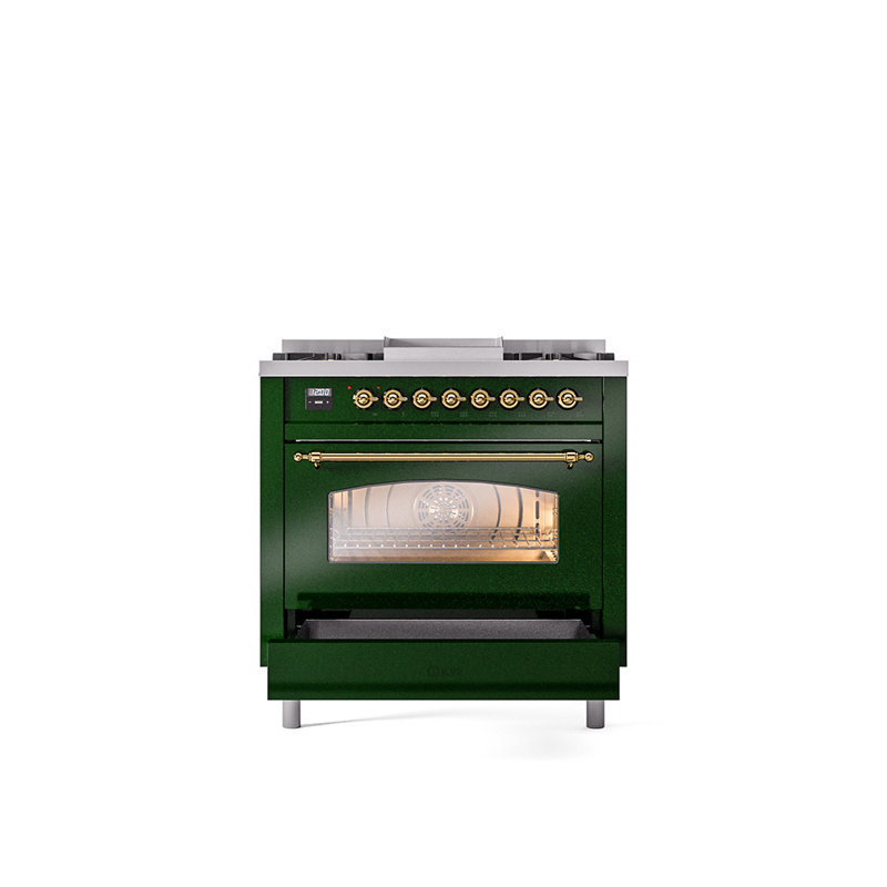 ILVE Nostalgie II 36 Dual Fuel Range, knobs, Emerald Green/Brass, Liquid Propane