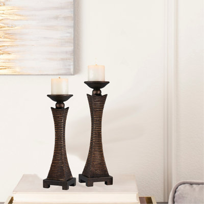 15.75" And 17.5" Tall "Kayan" Candleholder, Bronze Rustic Finish (Set Of 2)