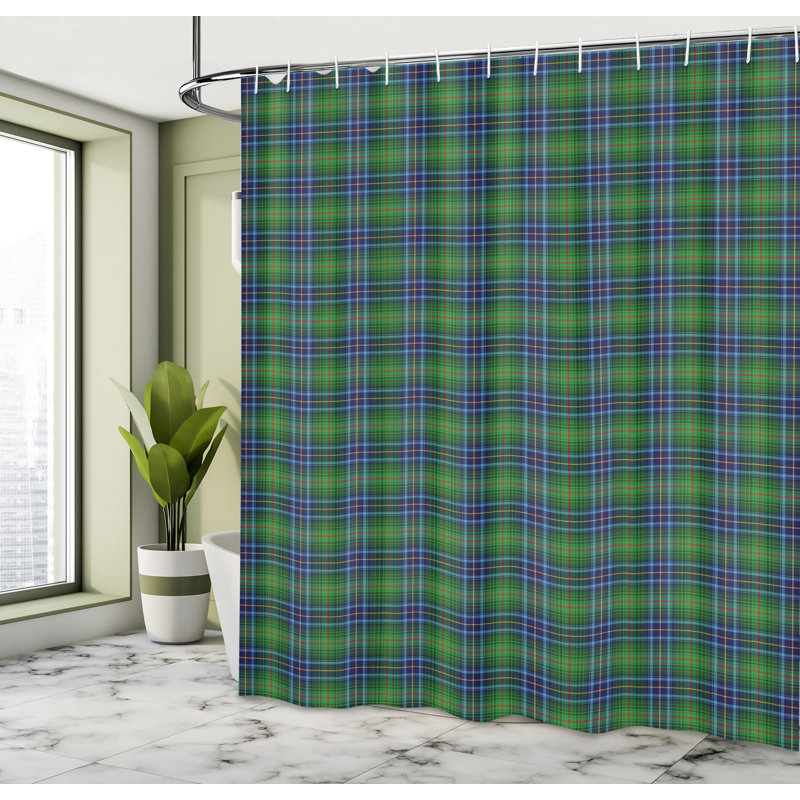 Plaid Shower Curtain with Hooks Included, Green, 70" H x 69" W