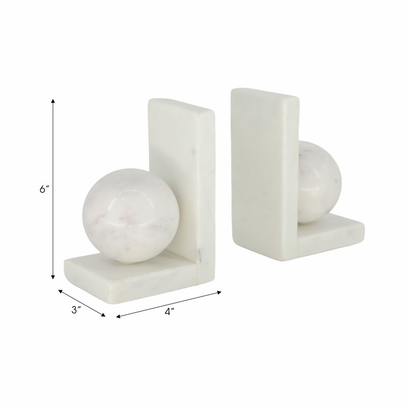 Set Of 2 6" Marble Bookend With 3" Orb, White