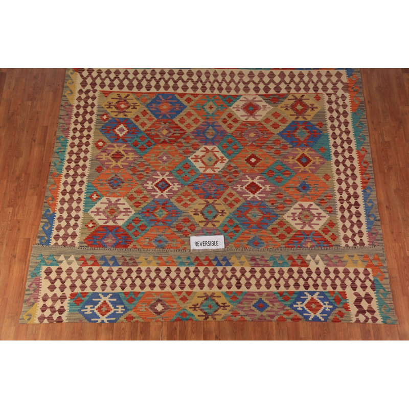 Tapis oriental coloré en laine à motif géométrique kilim 8 x 10