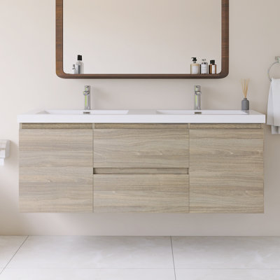 Wall Mounted Single Bathroom Vanity With White Integrated Resin Top