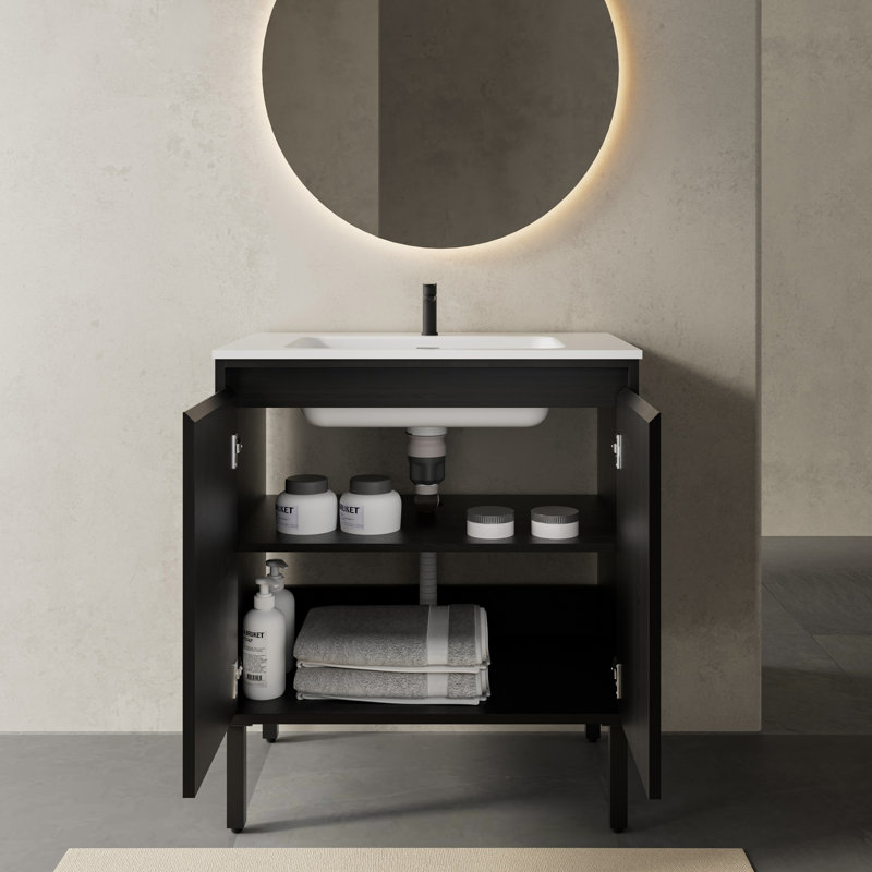 Mid-Century Modern Single Bathroom Vanity Set With Sink Top, Soft-Close Doors, Black, 30''