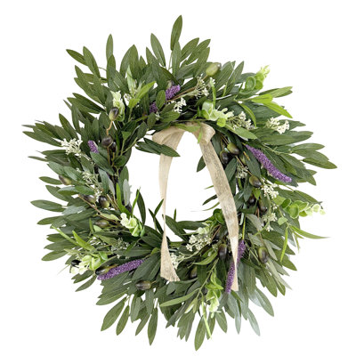 Couronne de feuilles d'olivier artificielle 19,69 po avec lavande et nœud en toile de jute, couronne de verdure artificielle avec fruits olive, couronne de porte d'entrée de maison de campagne pour une décoration intérieure intérieure à l'année