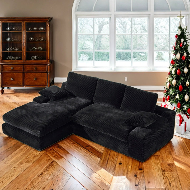 Ensemble de canapé modulaire en Corduroy avec méridienne réversible, aucun assemblage requis, Noir