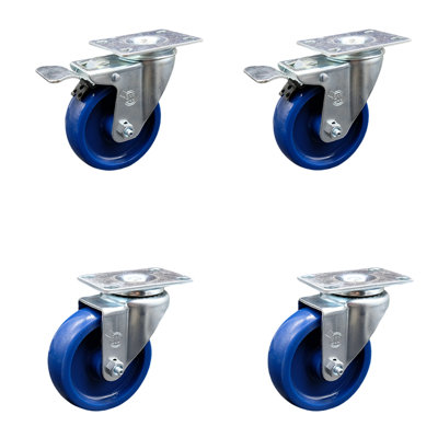 4 Inch SS Solid Polyurethane Top Plate Caster Set 2 Total Lock Brakes SCC