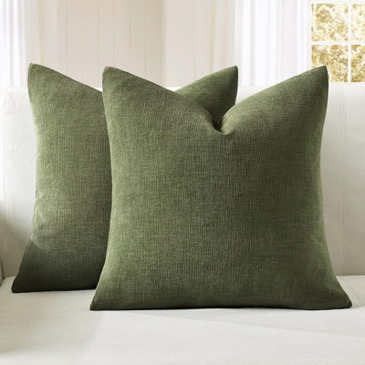 Olive Green Chenille Throw Pillow Covers, 18" x 18" Soft Decorative Cushion Cases
