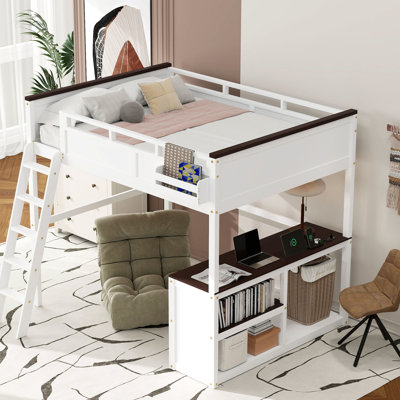 Grand lit mezzanine blanc avec bureau, tablettes de rangement et boîte - robuste, guide d'assemblage transparent, compartiments pratiques