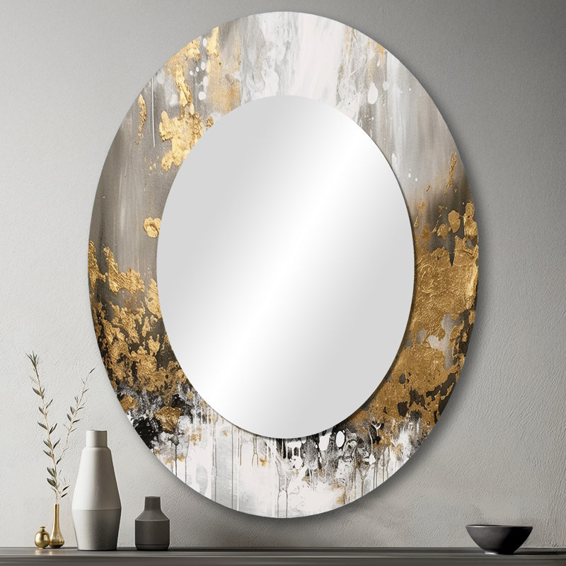 Gold and White Abstract - White Oval Wall Mirror Decor, 43" x 33"