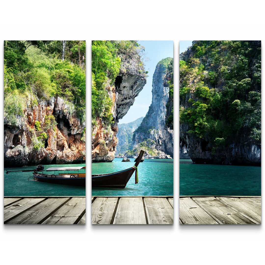 3-tlg. Leinwandbilder-Set Bootssteg mit Boot zwischen Felsen - Thailand