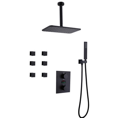 Système de douche à affichage numérique 11 * 7 ", pomme de douche au plafond en laiton massif avec douche à main et 6 jets de corps