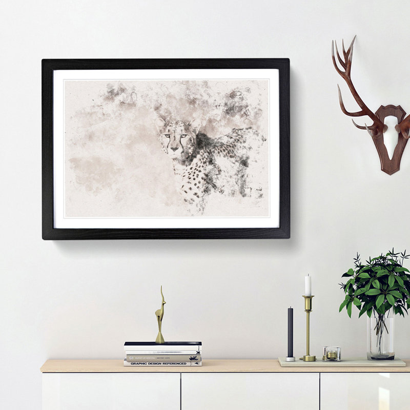 Cheetah with Orange Eyes - Picture Frame Painting Print, 36cm H x 48cm W x 2cm D, Black Framed