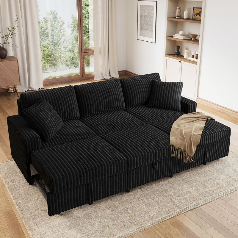 Canapé-lit modulaire Brunella Corduroy, Velours côtelé noir