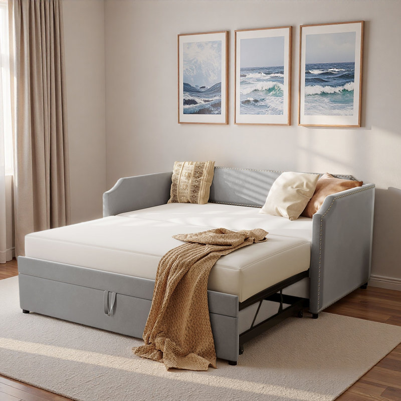 Upholstered Daybed With Pop Up Trundle And Nail Head Decoration, Gray