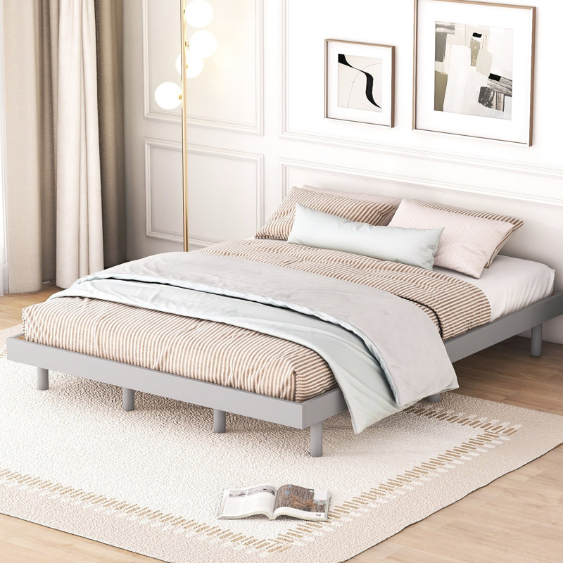 Modern Design Queen Bed In Grey - Enhanced Stability With Floating Platform For Made Components