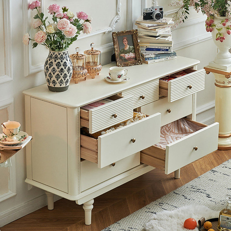 Armoire de rangement à 7 tiroirs en bois massif blanc crème