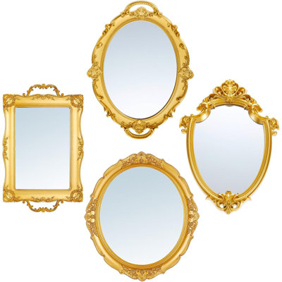 4 Pcs Vintage Gold Mirrors Set Including Small Oval Wall Mirror Antique Shield Shape Square Decorative Mirror Dresser Mirrored Tray For Bedroom Wedding Decor (Classic,Gold)