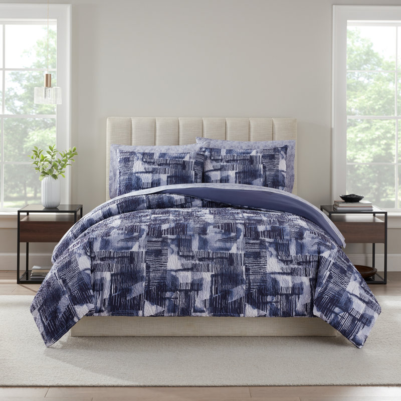 Nine West Nora 7 Piece Geo Printed Texture Bedding Set, Navy, Full / Double Comforter + 2 Standard Shams