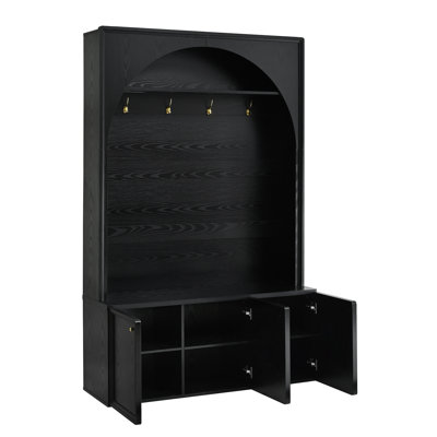 Farmhouse All-in-one Hall Tree With Adjustable Shelves, Retro Arched Entryway Storage Bench With 3 Cabinets, Wooden Coat Rack Organizer With 4 Golden Hooks For Mudroom, Hallway, Black