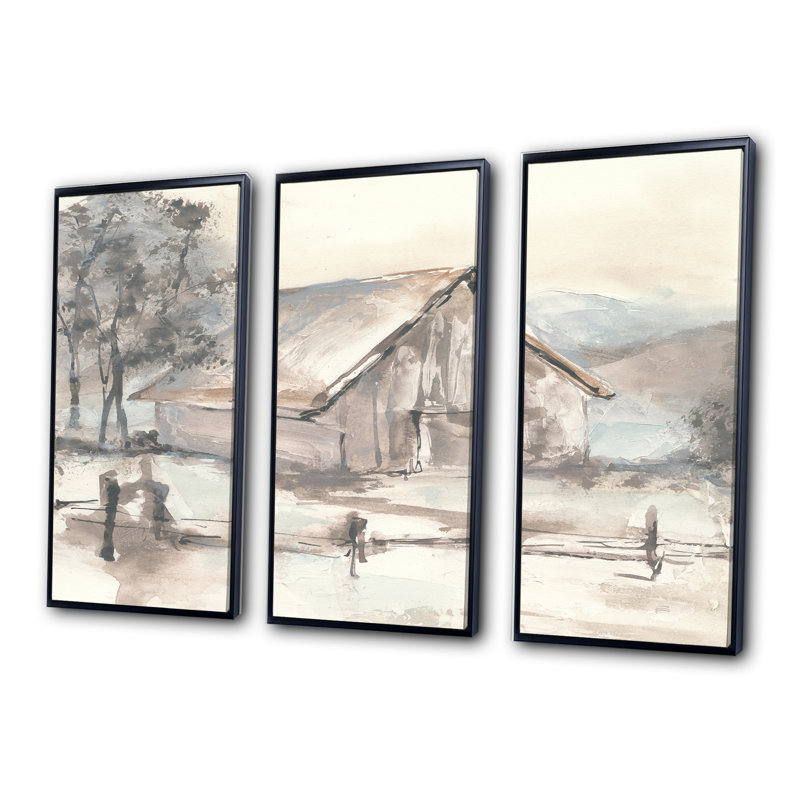 Ensemble de 3 reproductions d'art sur toile encadrées Farmhouse Barn Gray, Cadre noir, L 36 po x H 28 po