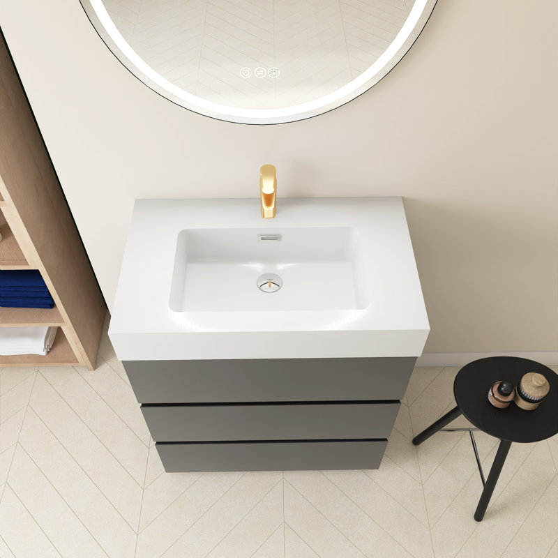 Romen 29.9'' Single Bathroom Vanity with Quartz Top, Gray, White