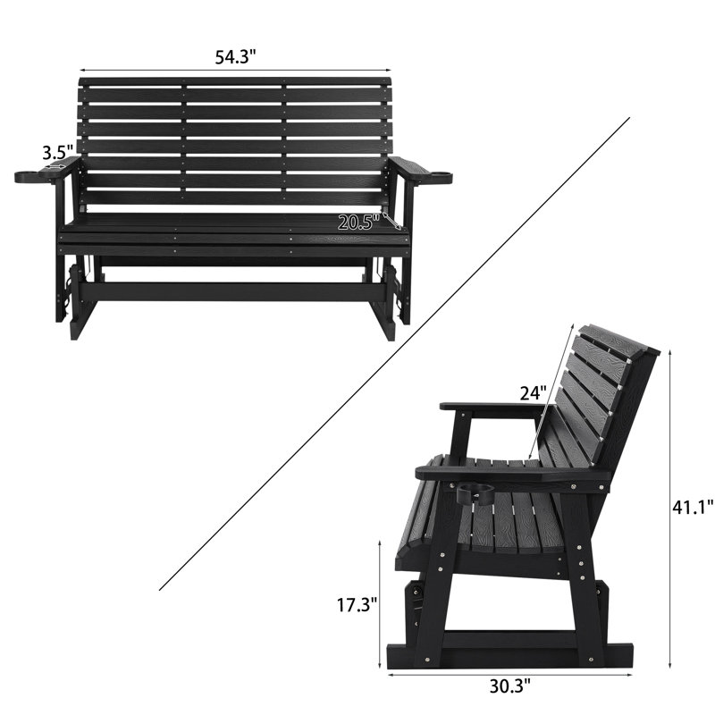 Fauteuil oscillant de patio avec porte-gobelets, matériau en bois de polyéthylène durable, résistant aux intempéries, dossier horizontal et siège profilé, poids lourd 900 lb
