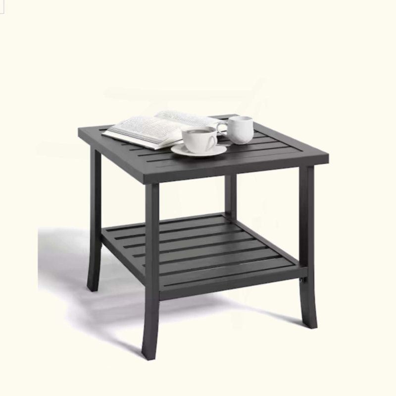 Square Metal Outdoor Side Table, 2-Tier All-Weather Patio End Table, Black