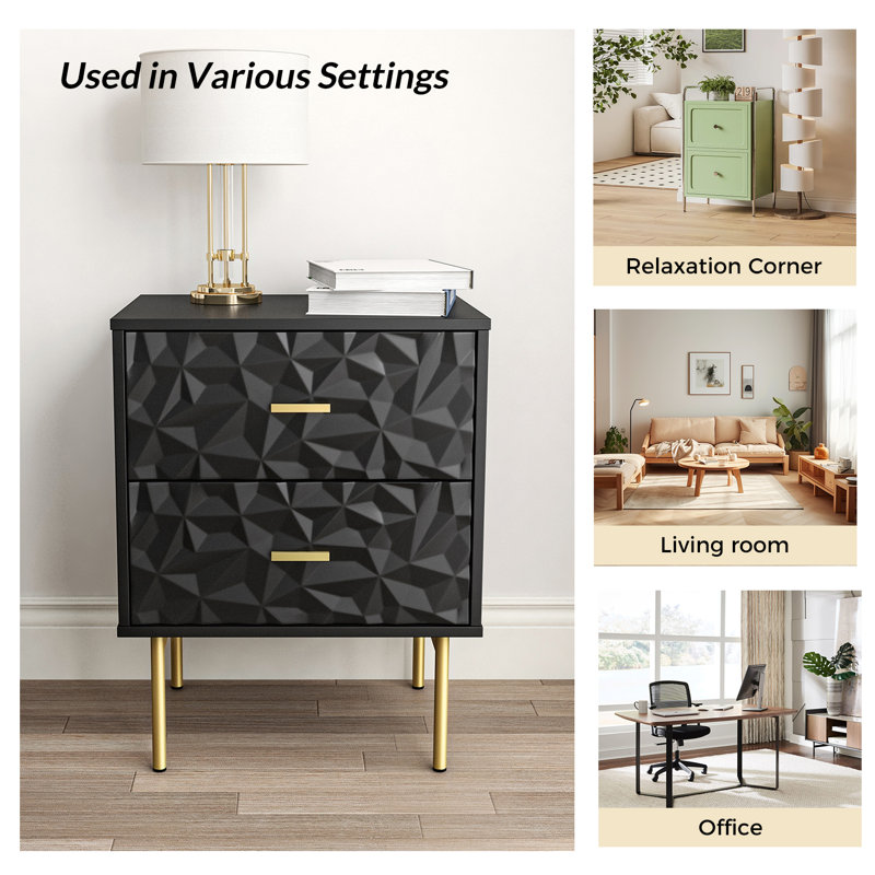Pruneda 2-Drawer End Table with Metal Legs, Black