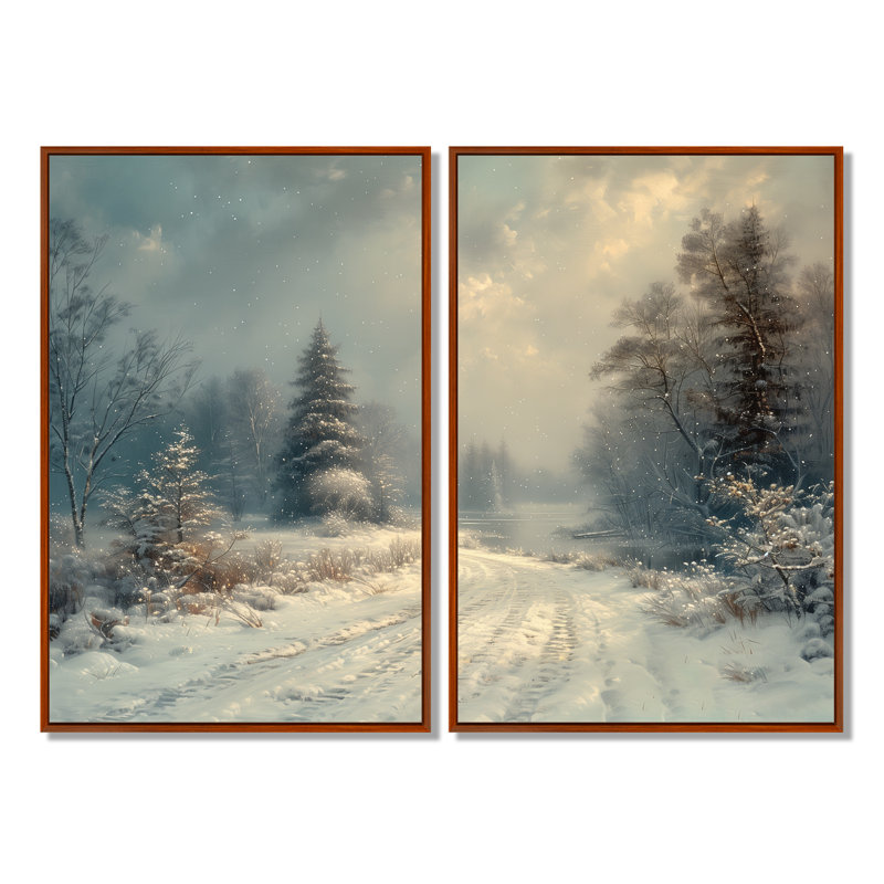 White Grey Winter Road Into Forest III - Winter Landscape Canvas Prints 2 Pieces, Brown, 36" H x 48" W