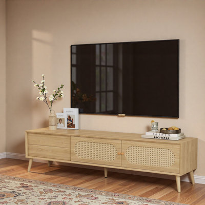 Meuble télé avec pieds et tiroir en bois massif Boho, centre de divertissement pour téléviseur de 80 po ou moins