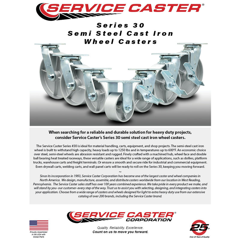 8 Inch Semi Steel Caster Set with Roller Bearings 2 Swivel 2 Rigid SCC