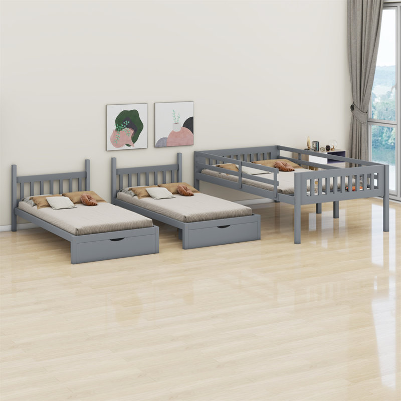 Lit superposé triple en bois avec tiroirs et garde-corps, Gris