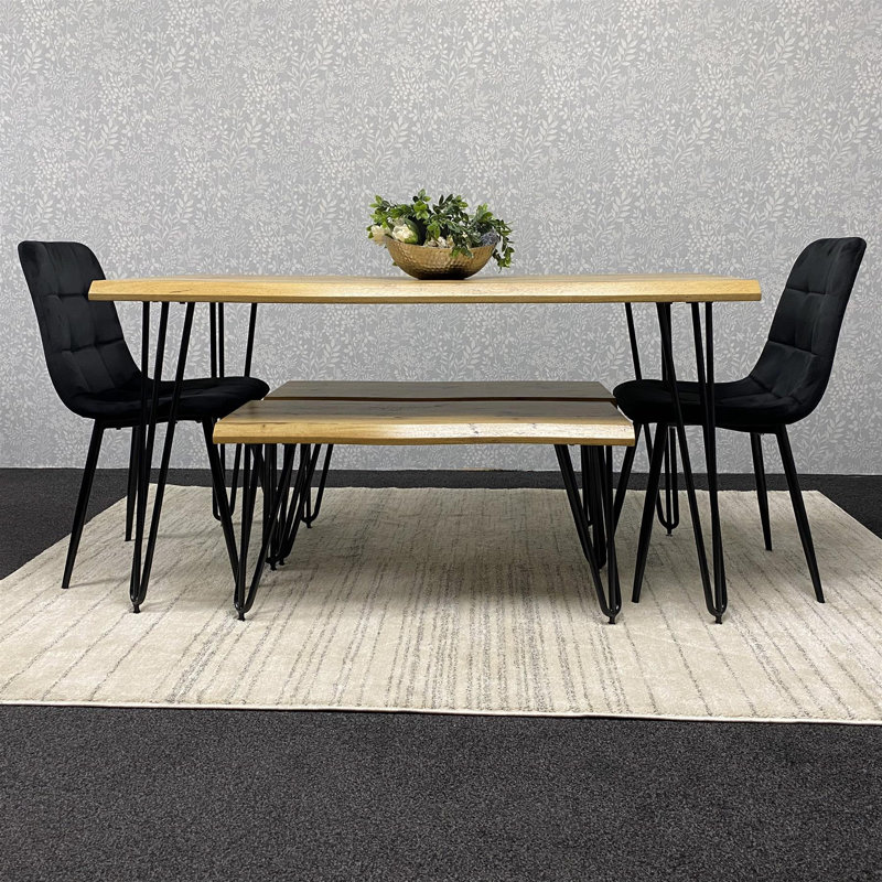 Wooden Dining Table with 2 Benches and 2 Velvet Chairs, Black, 75cm H x 117cm W x 77cm D