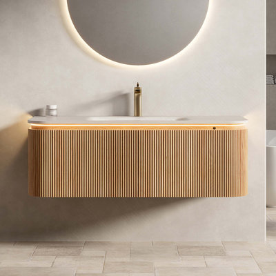 Meuble-lavabo et lavabo de salle de bain, armoire rayée à bords arrondis avec tiroir, capteur de lumière, lavabo intégré en pierre frittée à motif de travertin intégré, pré-assemblé