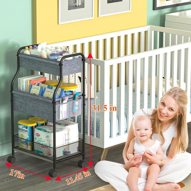 3-Tier Baby Diaper Caddy Organizer And Storage Cart With 4+2 Dividers, Mobile Metal Utility Cart With Rolling Wheels, Large Capacity Rolling Cart
