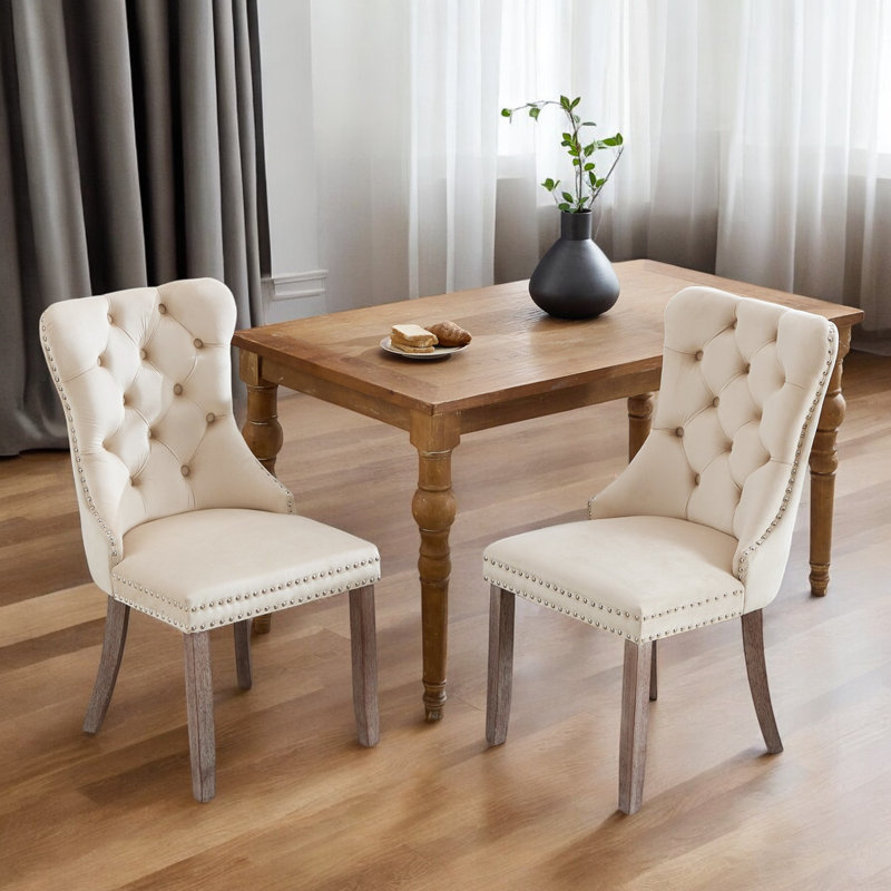 Miya Upholstered Velvet Dining Chair Button Tufted with Brushed Wood Legs Kitchen Lounge Chairs, Beige, Natural Wood, 2