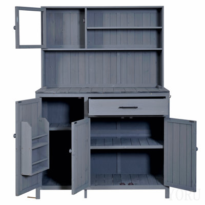 Potting Bench With Hutch, 65" H Solid Fir Wood Garden Workstation, Large Countertop, Patio Kitchen Island With Adjustable Shelves, Spice Rack, Side Hook And Drawer, Gray