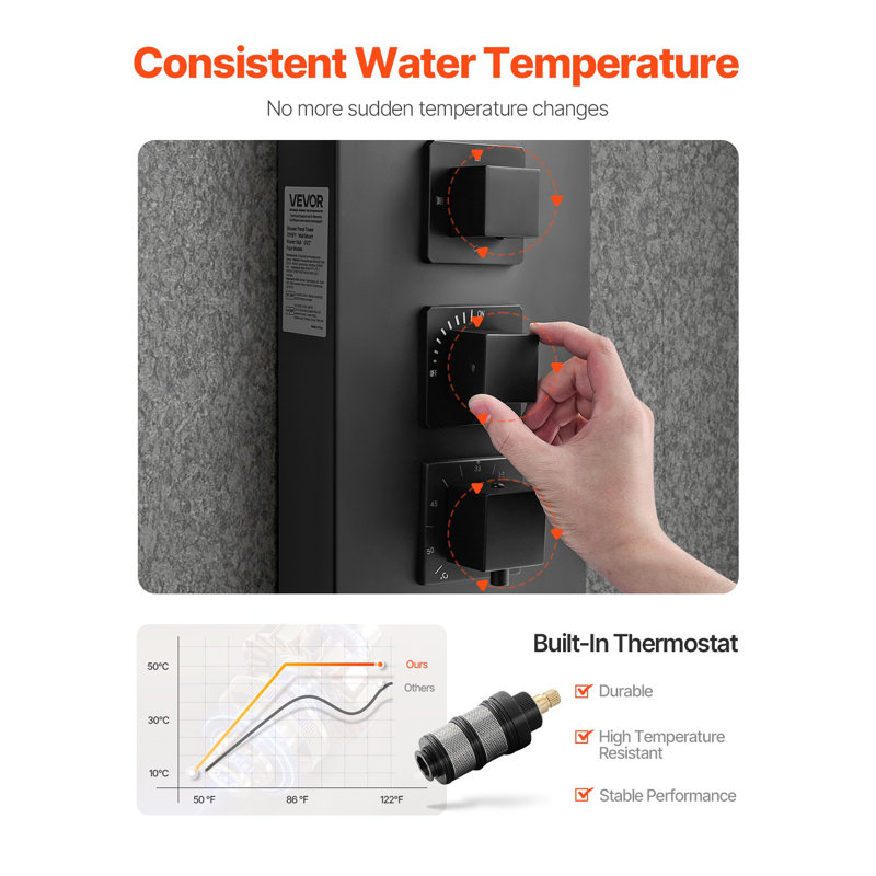Système de tour de douche avec pommeau de douche à pluie, colonne de douche en acier inoxydable brossé 49 po, robinet à 4 fonctions, système de massage de pluie mural, avec 4 jets de corps, douchette et bec de baignoire
