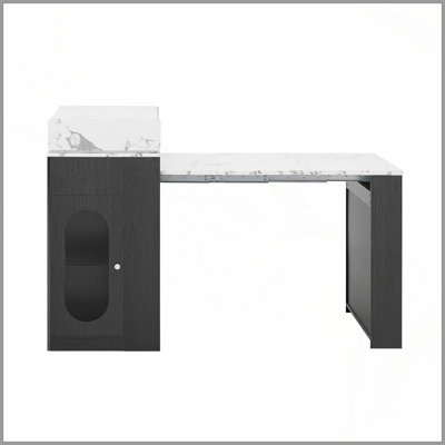 Extendable Dining Table With Folding Tabletop, Bar Table With Drawers And Power Outlet, Kitchen Island With Wheels And Hooks, Sideboard For Kitchen And Dining Room (Black+Marble White)