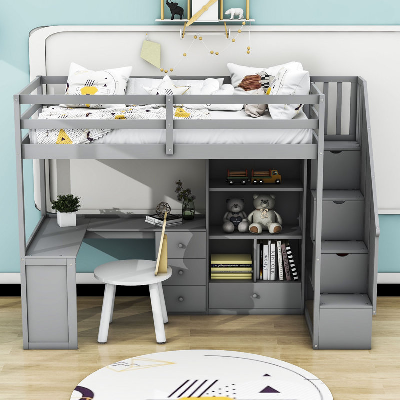Hadasa Kids Twin Loft Bed with Drawers, Gray