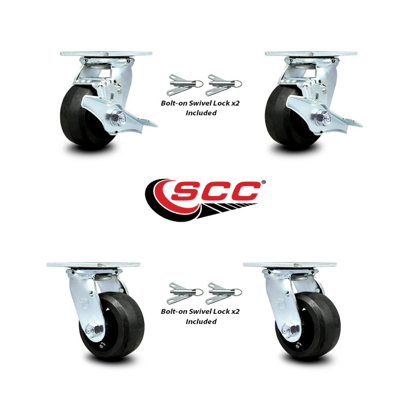Ensemble de roulettes 4 pouces en caoutchouc sur acier avec roulement à rouleaux 4 verrous pivotants 2 freins SCC | SCC-30CS420R-TLB-BSL-2-BSL-2
