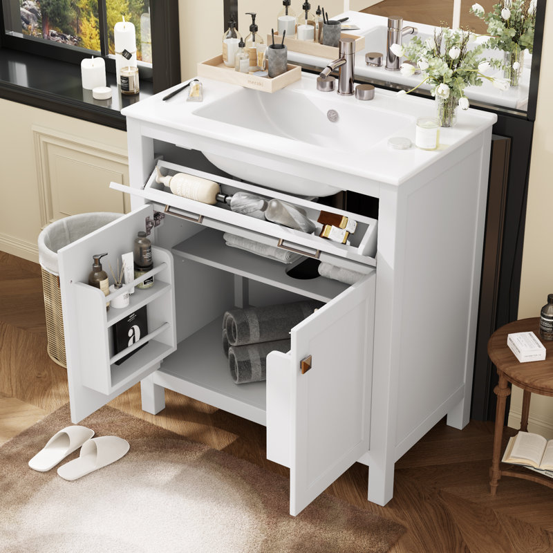 30" Single Bathroom Vanity With Ceramic Sink Top, White