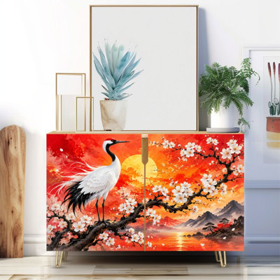 Buffet étroit de 35,4 po de largeur - armoire de rangement décorative à 2 portes avec grue élégante en forme de cerisier en fleurs, impression de montagnes du ciel rouge et pieds en métal
